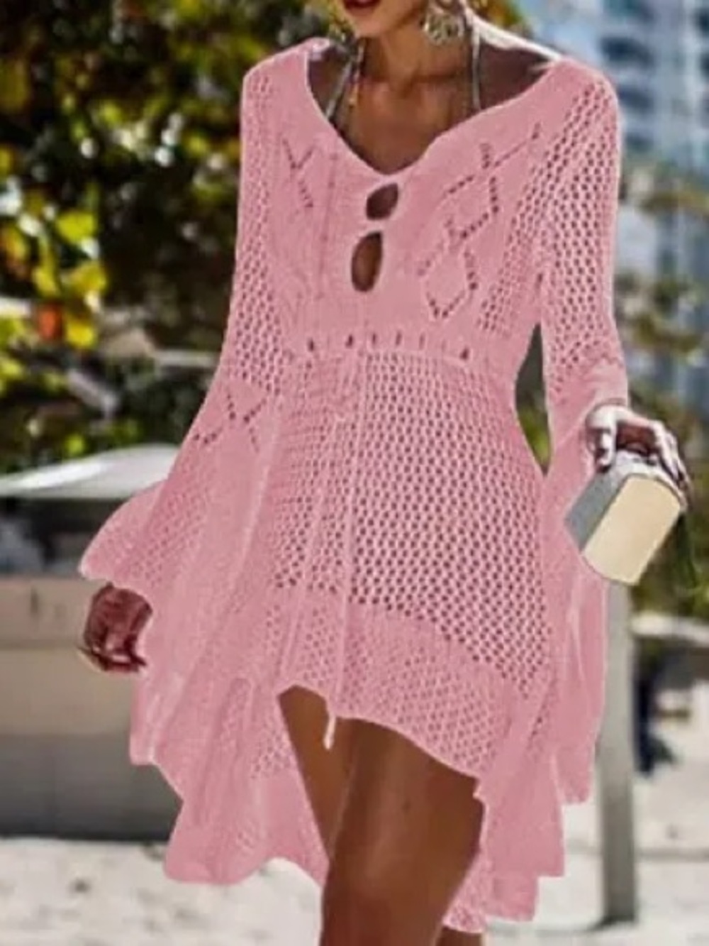 Pink Crochet Openwork Tunic with Tie Waist